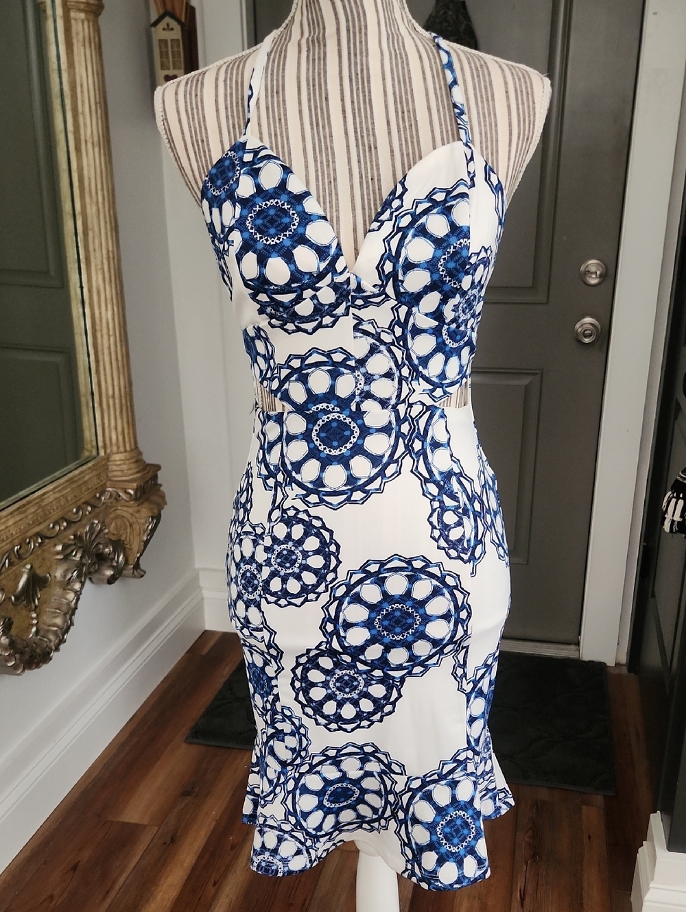 Women’s White and Blue Bodycon Dress With Cut Out Sides
